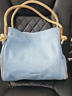 Michael Kors Light Blue Canvas Shoulder Bag with Tan Rope Handles
